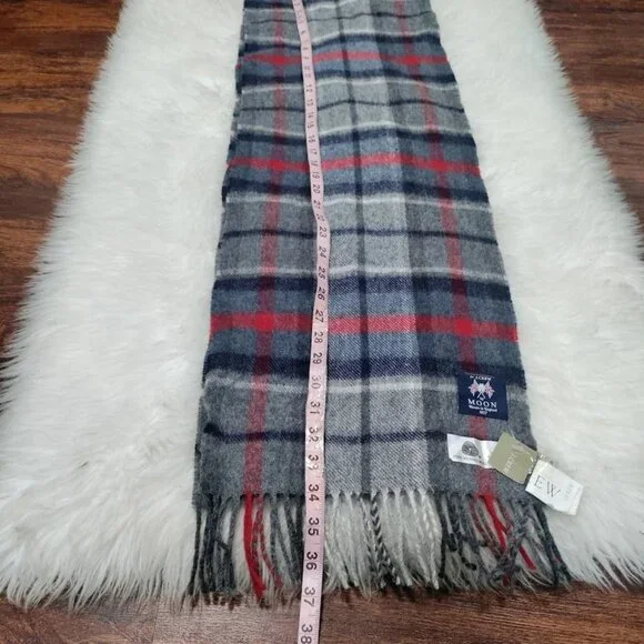 Moon by J.Crew 100% Pure Merino Wool Navy Plaid Scarf 11.5"x37" Woven In England - Picture 5 of 7